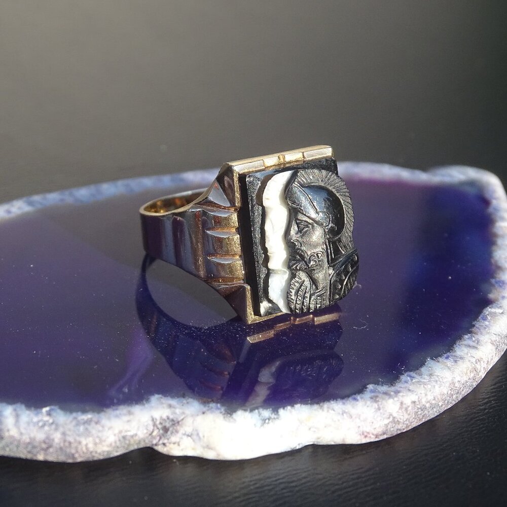 Gorgeous Vintage 10K Yellow Gold Double Cameo Onyx knight Signet Ring 6.19g